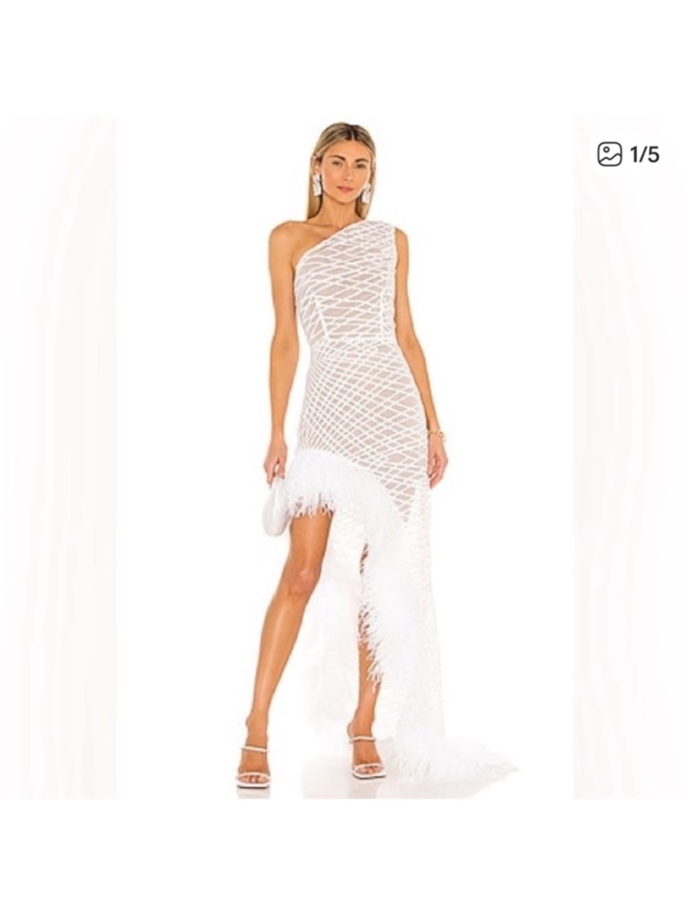 Bronx and Banco White One-Shoulder Feather-Trim Maxi Dress